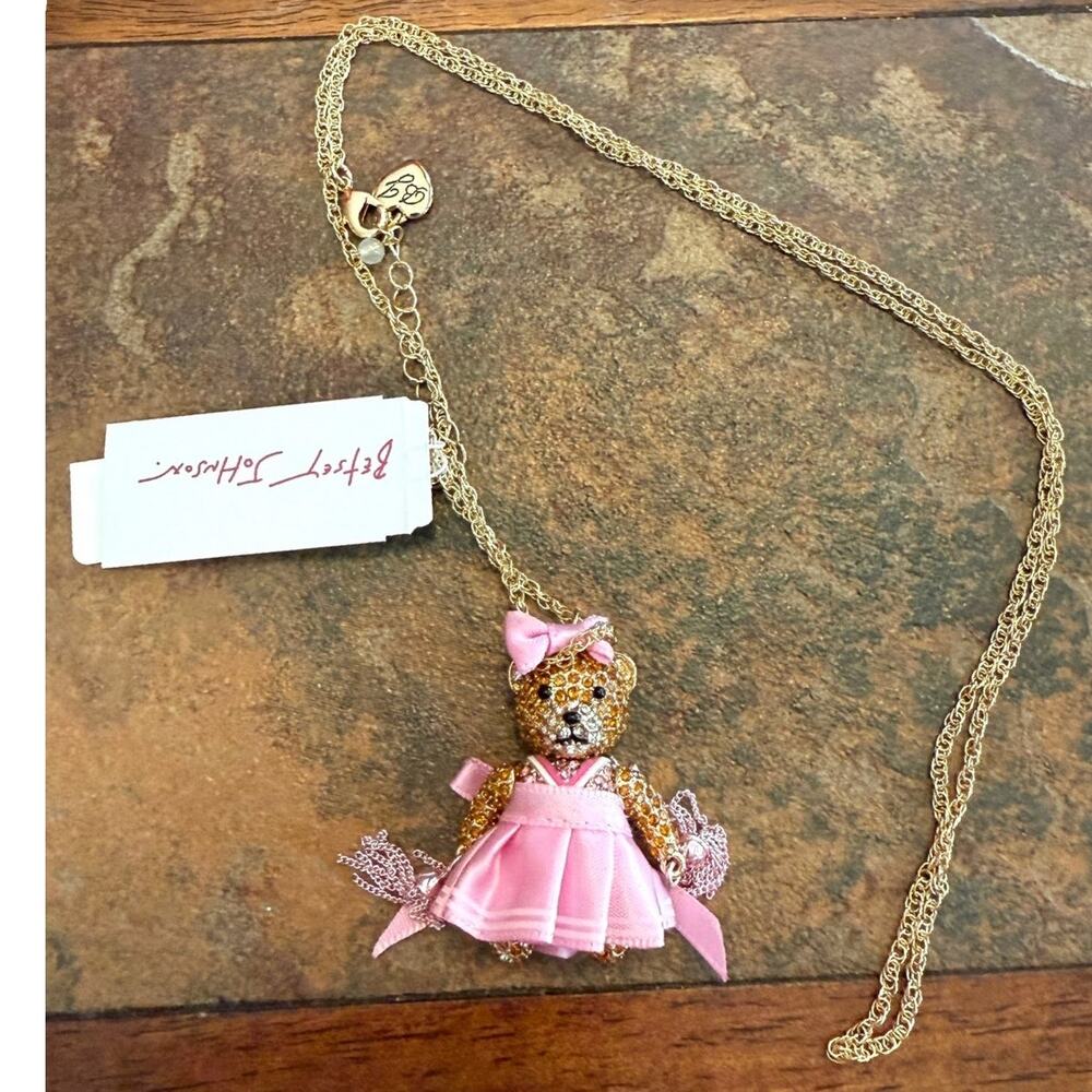 New Betsey Johnson Cheerleader Teddy Bear Rhinestone Pink/Gold Necklace